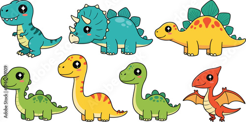 Vector set of cute cartoon dinosaur characters including Tyrannosaurus Rex Triceratops Stegosaurus Brachiosaurus and Pterodactyl isolated on white background.