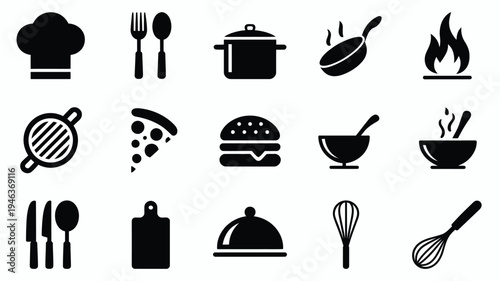 Restaurant cooking icons set including chef hat utensils pots food and kitchen tools on white background