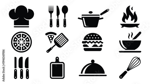 Restaurant cooking icons set including chef hat utensils food and kitchen tools on white background for culinary business design