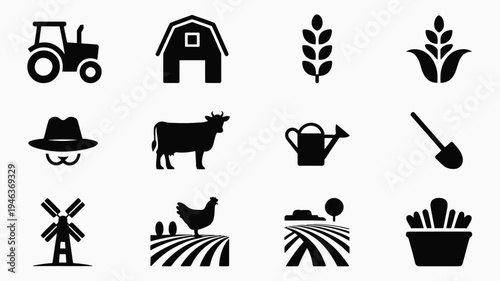 Agriculture silhouette logo bundle with farm icons and symbols including tractor barn wheat plant hat cow watering can shovel windmill chicken field and carrot for design