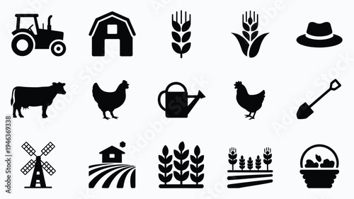 Agriculture silhouette logo bundle with farm icons including tractor barn wheat hat cow chicken watering can shovel windmill house plants and basket for farming and gardening