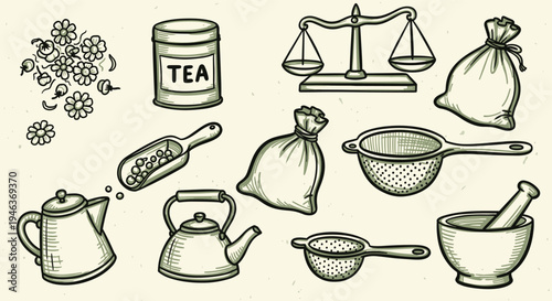 Vintage Tea Preparation Tools and Ingredients Collection Hand Drawn Illustration