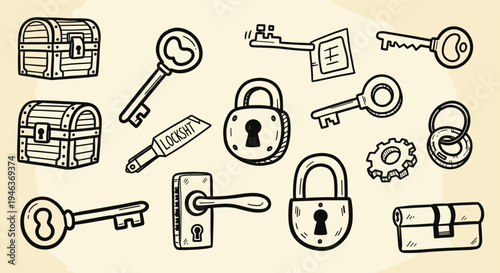 Collection of hand drawn icons representing security and access elements like locks keys chests and door handles