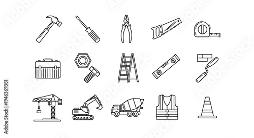 Construction and Building Tools and Equipment Icons Set Outline Style