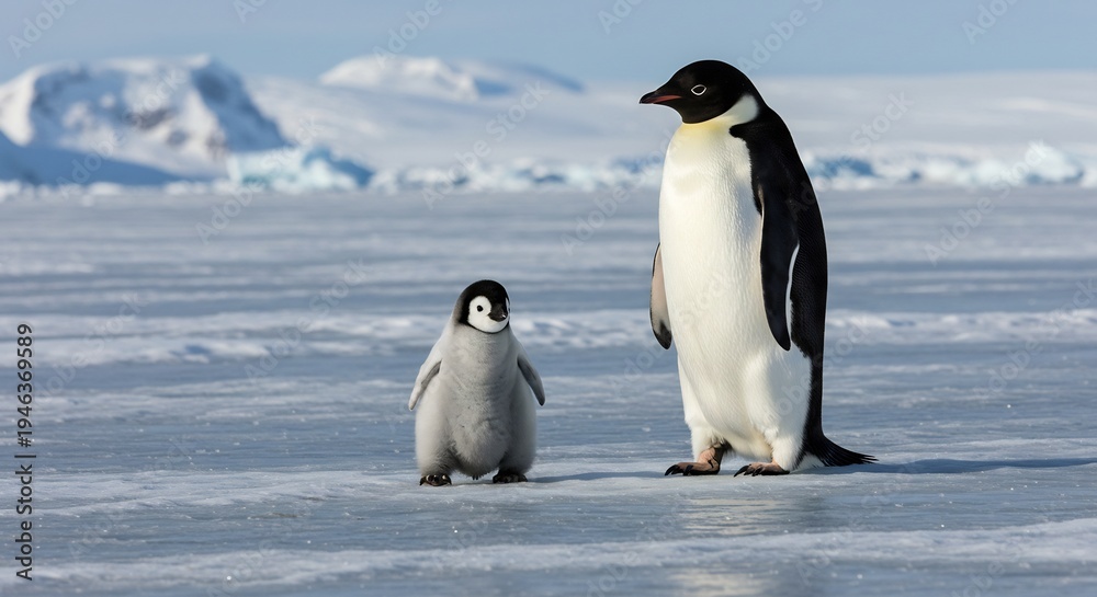 Obraz premium Majestic adult emperor penguin stands tall beside a tiny fluffy chick on bright sunlit ice in vast Antarctic wilderness. AI Generated
