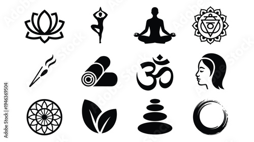 Yoga and meditation icons set including lotus om chakra and zen symbols for mindfulness and wellness