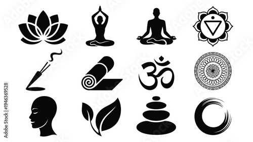 Yoga and meditation symbols including lotus flower om and chakras on white background for mindfulness and wellness concepts