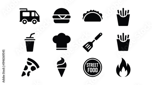 Vector street food icons set including truck burger fries pizza chef hat and flame symbols