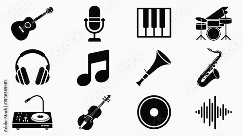 Music icons set including guitar microphone piano and headphones on white background for audio and music concepts