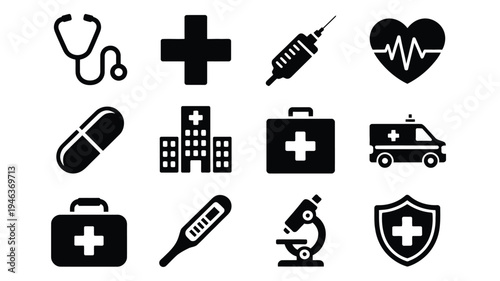 Medical icons set including stethoscope syringe cross heart rate pill hospital ambulance and medical kit on white background for healthcare and medicine concepts