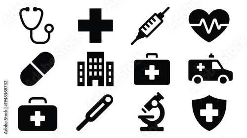 Medical icons set including stethoscope cross syringe heart rate pill hospital first aid kit ambulance microscope and shield on white background for healthcare and medicine