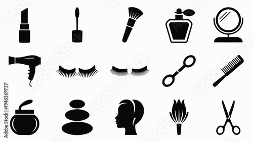Beauty salon logo bundle with makeup haircare and cosmetic icons on white background for branding