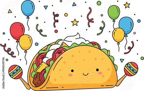 Cute cartoon taco character happily celebrating a festive occasion while holding colorful maracas and surrounded by balloons