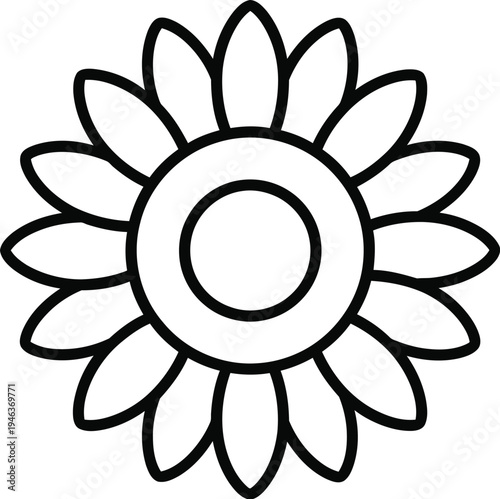 Simple black and white outline drawing of a cheerful sunflower bloom icon representing summer nature