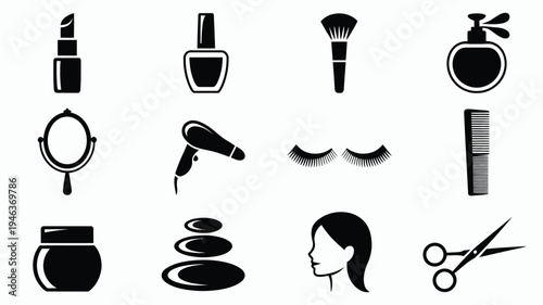 Black icons of various beauty and makeup products and tools on white background for design