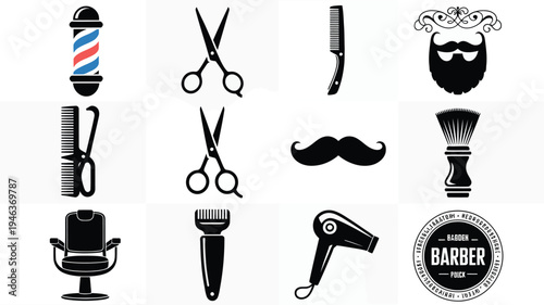 Barber shop icons set including tools and grooming products on white background for salons