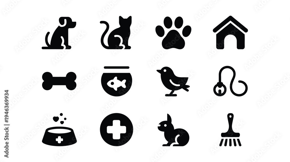 Fototapeta premium Vector icons for pet care and animal symbols including dogs cats birds and pet accessories on white background
