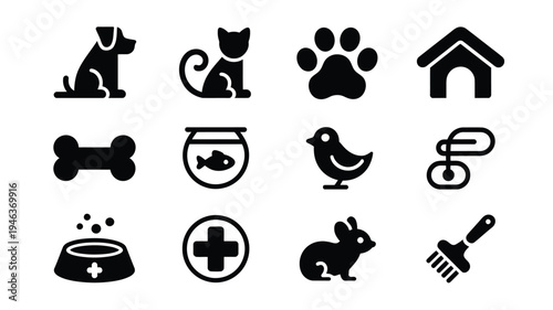 Vector illustration showcasing pet care icons including animals food and accessories on white background