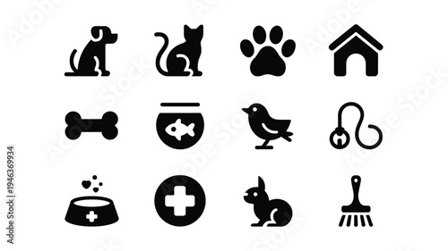 Vector icons for pet care and animal symbols including dogs cats birds and pet accessories on white background