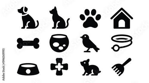 Vector illustration of various pet care icons including animals food bowls and symbols on a white background