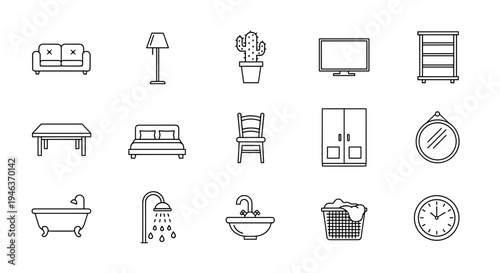 Collection of simple line art icons representing furniture and home objects for interior design