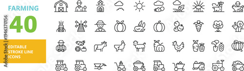 Set of 40 black and white stroke line related to farming and agriculture with a green and yellow background
