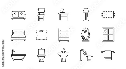 Collection of simple line art icons representing furniture and home decor items