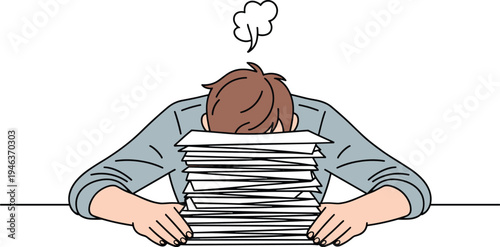 Tired Businessman Sleeping on Stack of Papers, Concept of Professional Burnout, Overwhelming Workload, Corporate Stress, and Exhaustion from Office Deadlines Vector Illustration