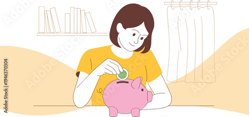 Smiling Young Woman Putting Coin in Piggy Bank, Concept of Personal Savings Habit, Financial Future Planning, Smart Money Management, and Wealth Accumulation Strategy Vector Illustration