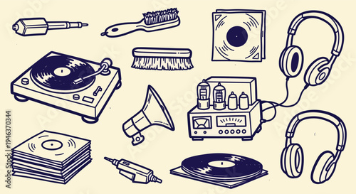 Vintage Audio Equipment and Vinyl Records Collection Graphic Illustration