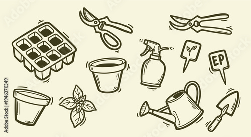 Gardening tools and supplies for planting and growing herbs and flowers in a home garden