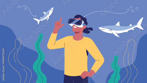 Woman Wearing Virtual Reality Headset Exploring Underwater World with Sharks and Seaweed in Metaverse VR Simulation