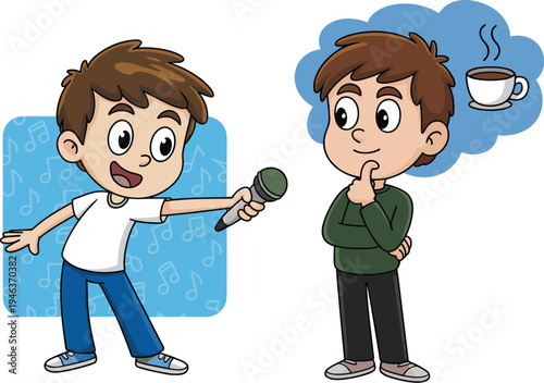Young Boy Interviewing Friend with Microphone and Coffee Thought Bubble Cartoon Vector