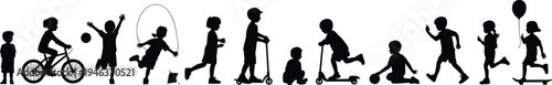 Silhouettes of children engaging in various outdoor activities including biking, jumping rope, playing ball, and using scooters