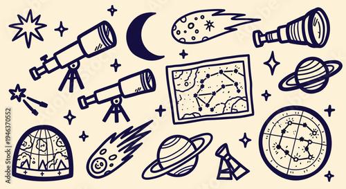 Astronomy doodle collection with telescopes planets stars moon and constellations
