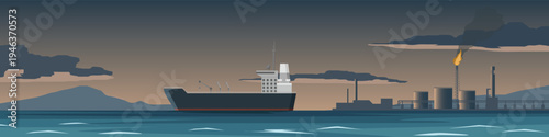 Heavy tanker navigates dark ndustrial waters. Near a coastal refinery under a somber smog-filled sky. Capturing the tense and gritty atmosphere of modern maritime energy conflicts.