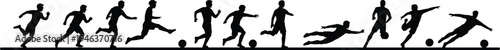 Silhouettes of people running and playing soccer on a white background with a black ground line