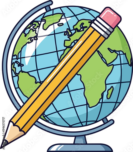A brightly colored illustration of a yellow wooden pencil drawing or marking the surface of a desk globe model.