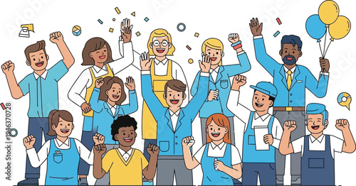 Diverse group of happy employees celebrating a major company achievement with raised fists and confetti falling around them