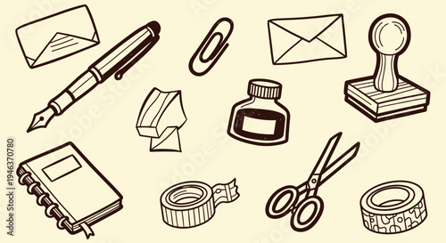 Vintage Office Supplies Collection Hand Drawn Illustration