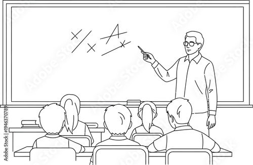 Line drawing of a male teacher actively engaging and instructing a diverse group of attentive students in a traditional classroom setting.