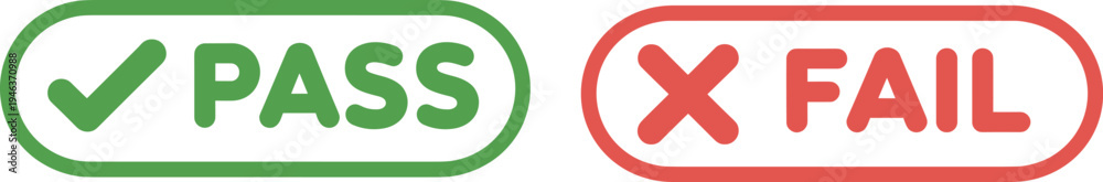 Obraz premium Pass and fail status stamp vector icon set, green check and red cross symbols for exam results