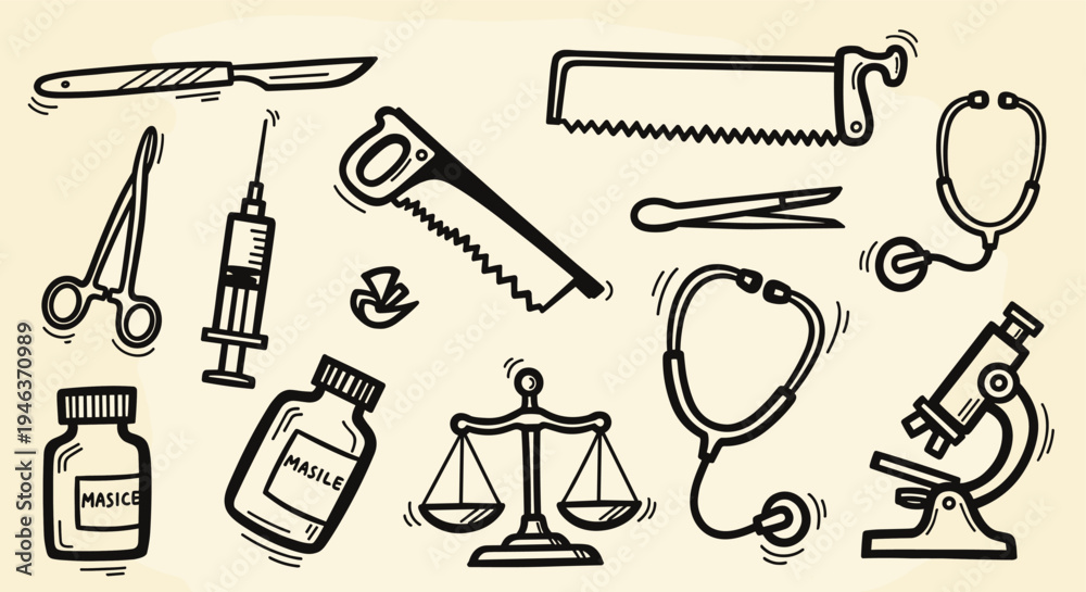 Fototapeta premium Medical and Scientific Instruments Doodle Collection