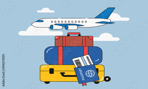 An airplane flies above stacked luggage including a passport and travel tickets high quality professional detailed