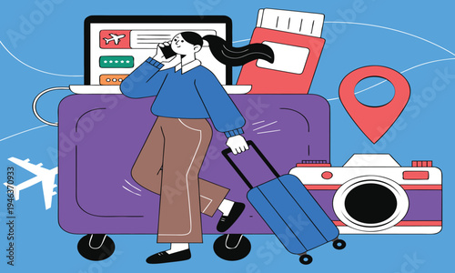 A woman cheerfully books travel arrangements on her phone while surrounded by travel essentials high quality