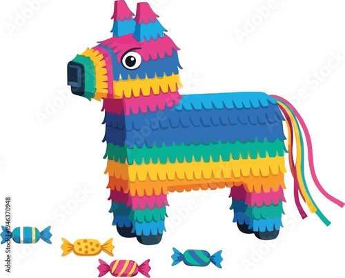 Colorful fringed donkey piñata stands near scattered wrapped candies against a soft minimalist background illustration