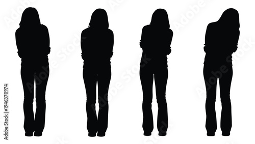 Four female silhouettes standing with heads bowed facing the same direction