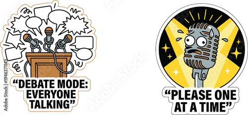 Vibrant cartoon stickers illustrating communication challenges: a lively multi-person debate and a stressed microphone asking for calm.