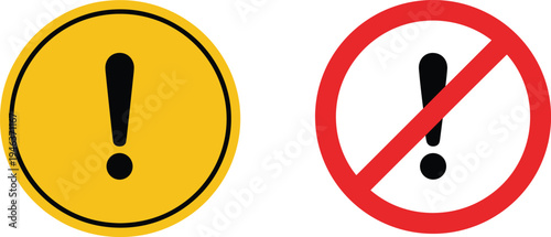Warning and prohibition exclamation mark vector icon set, yellow caution and red stop symbols for safety awareness