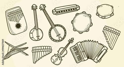 Collection of Hand Drawn Musical Instruments on a Textured Background